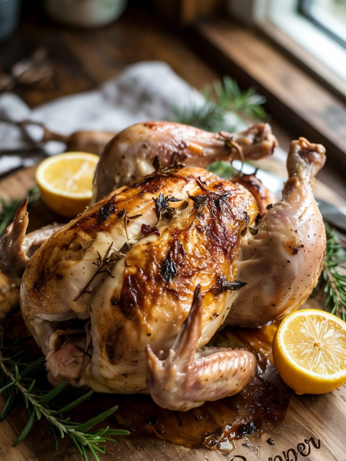Golden herb-crusted roasted chicken on wooden board with fresh herbs and pan juices