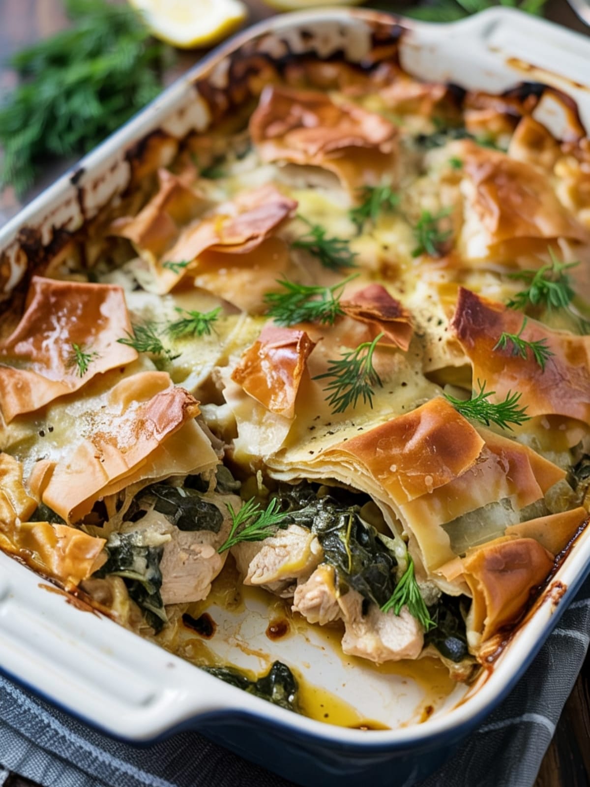 Golden phyllo-topped chicken spanakopita bake with creamy spinach and feta filling