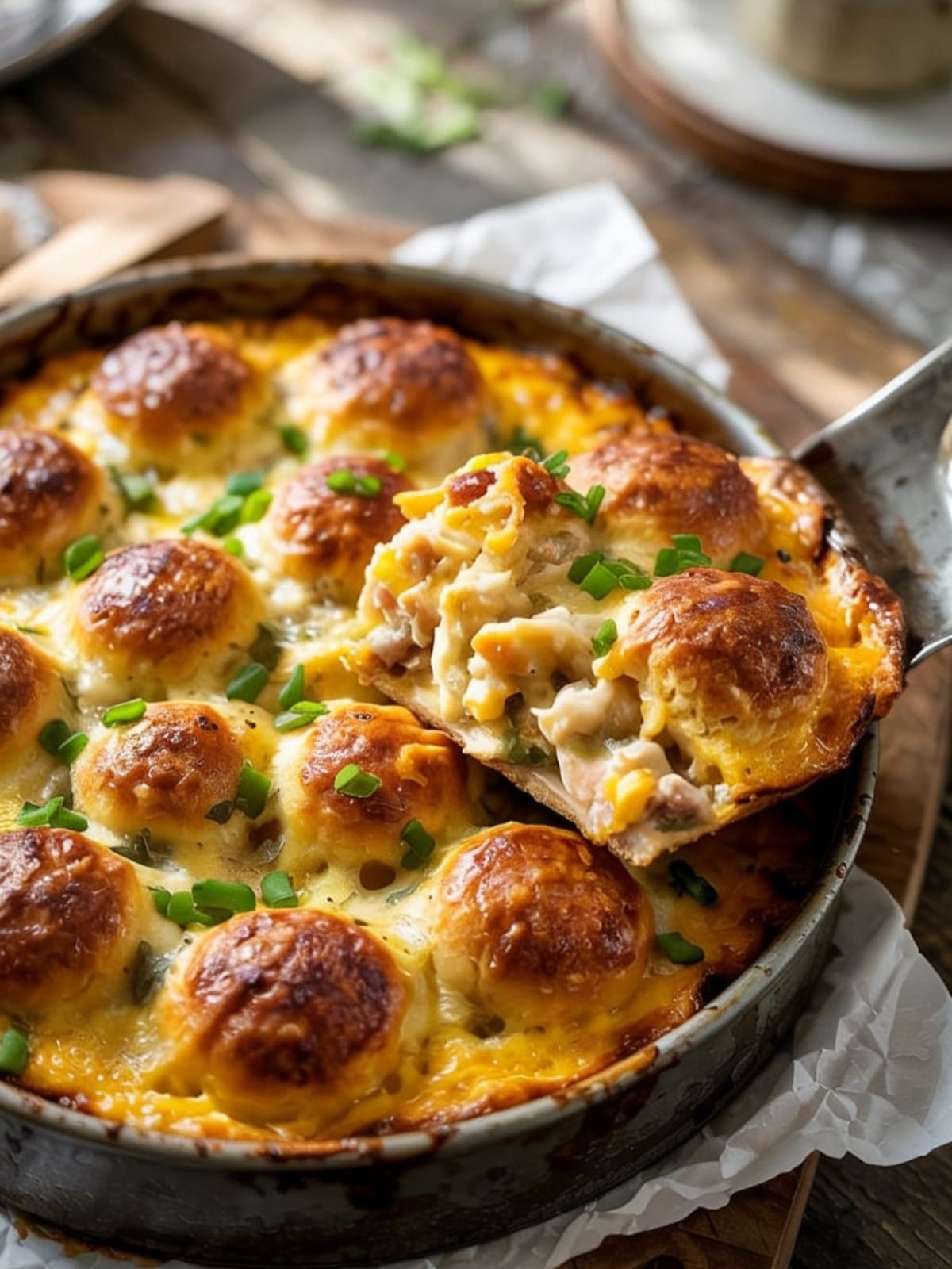 Golden sausage and cheddar breakfast bake with melted cheese and fluffy biscuit texture