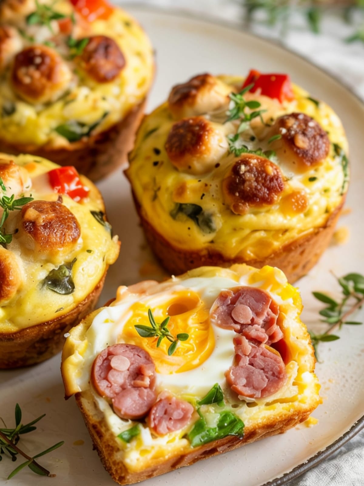 Golden sausage and egg muffins on white plate with one cut open showing fluffy interior