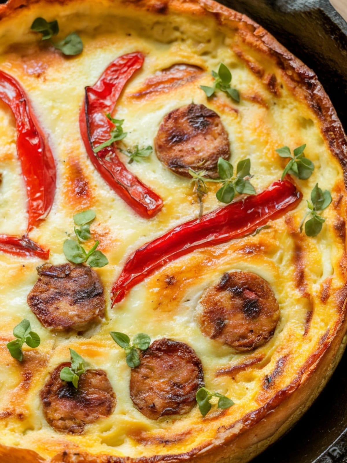 Golden sausage and roasted red pepper frittata in cast iron skillet with fresh herbs