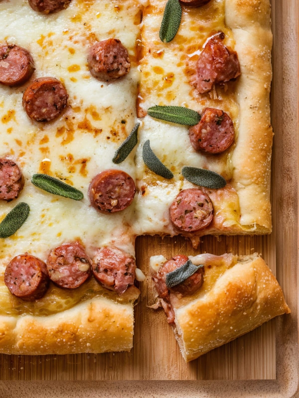Golden sausage and sage flatbread with melted cheese and crispy edges on wooden board