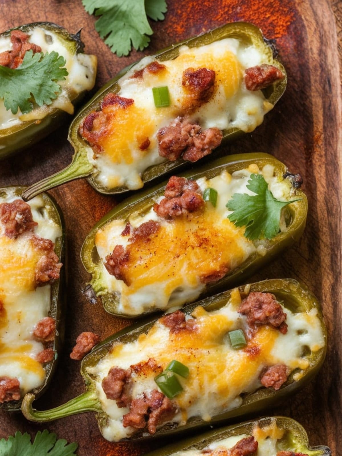 Golden sausage-stuffed jalapeños with bubbling cheese and herb garnish on wooden board