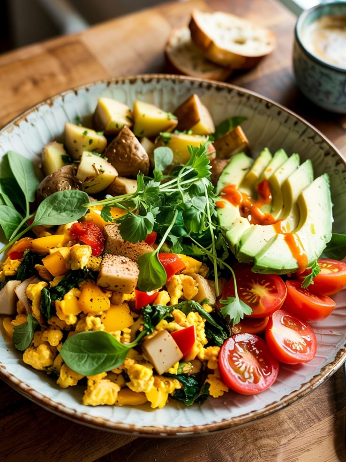 Golden tofu scramble bowl with crispy potatoes, fresh avocado, and colorful vegetables