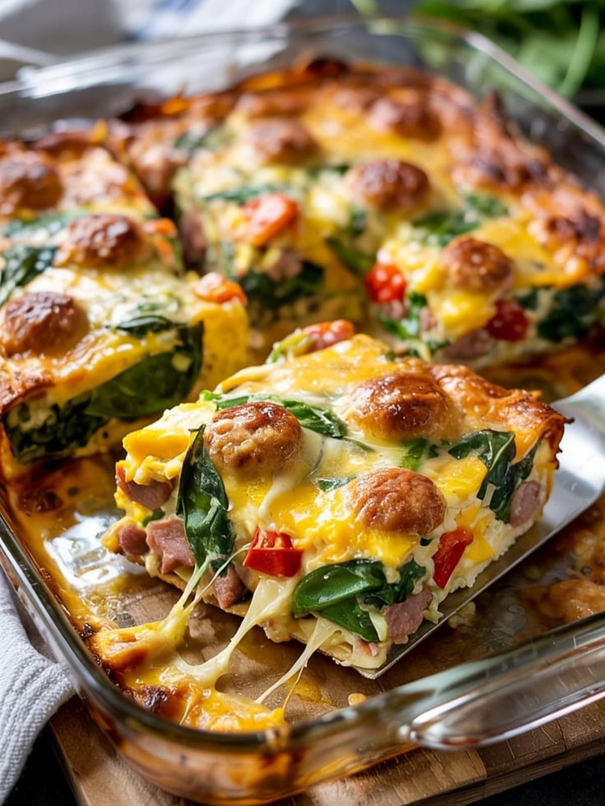 Golden-topped keto breakfast casserole with lifted piece showing sausage chunks, eggs, peppers and stretchy cheese