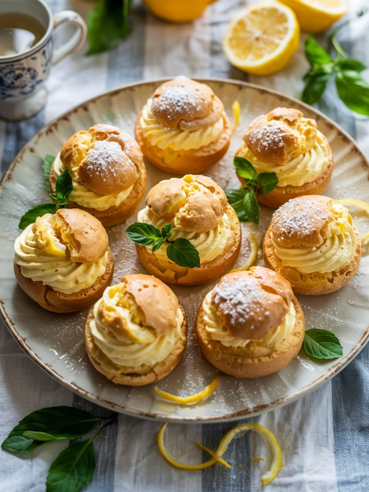 Golden vegan lemon cream puffs on a white platter