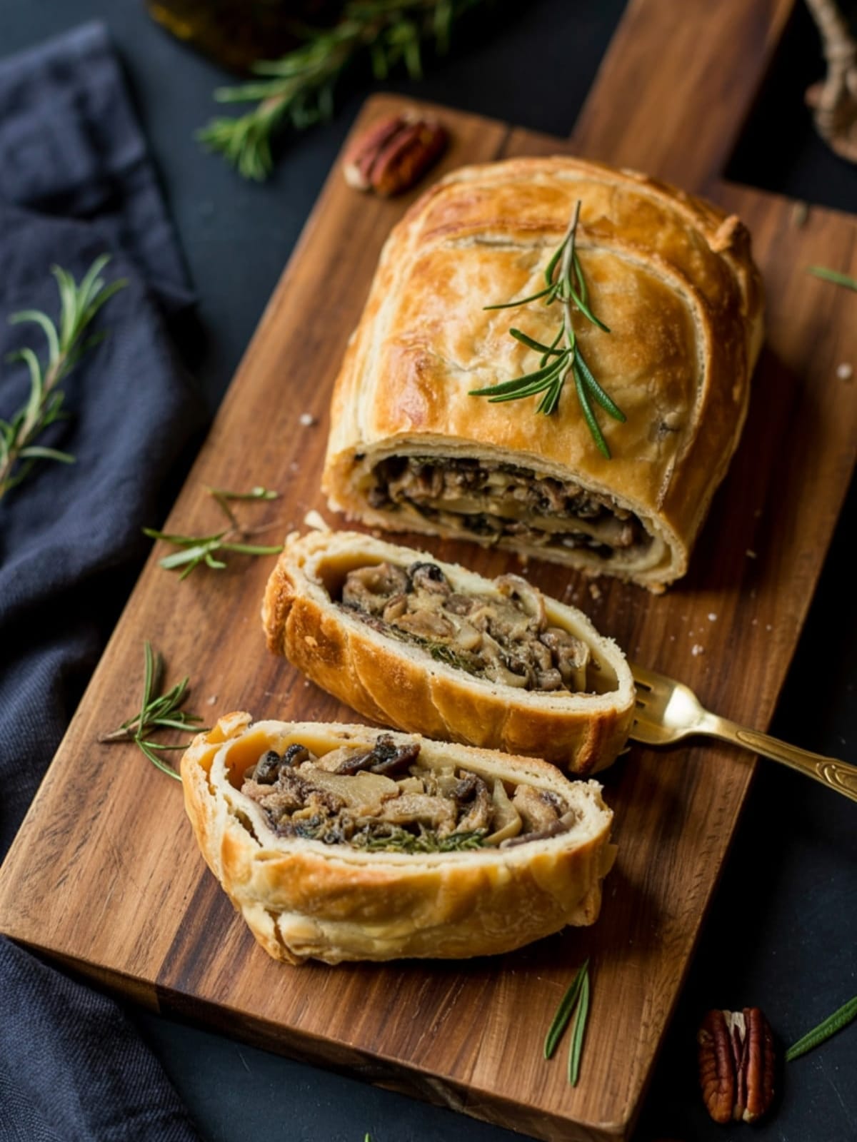 Golden vegan mushroom wellington sliced open on wooden board