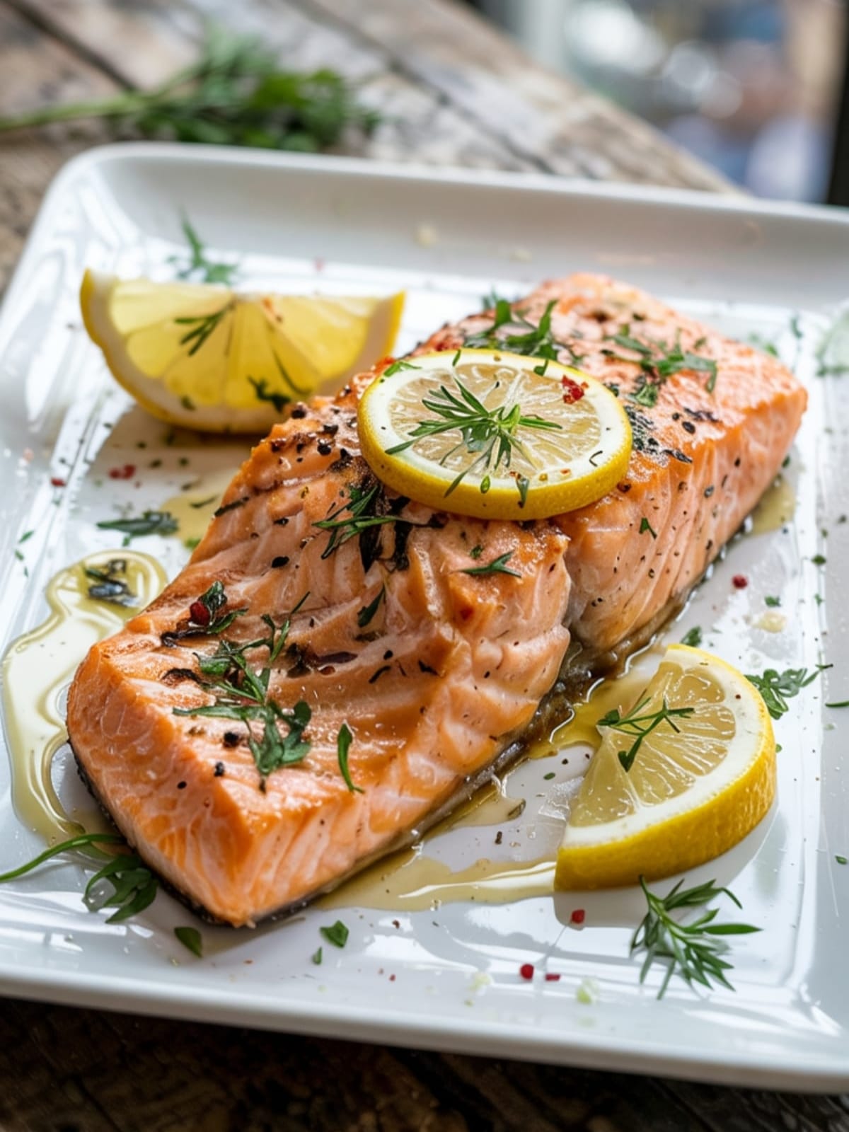 Grilled salmon fillet topped with fresh herbs and charred lemon slices on white platter