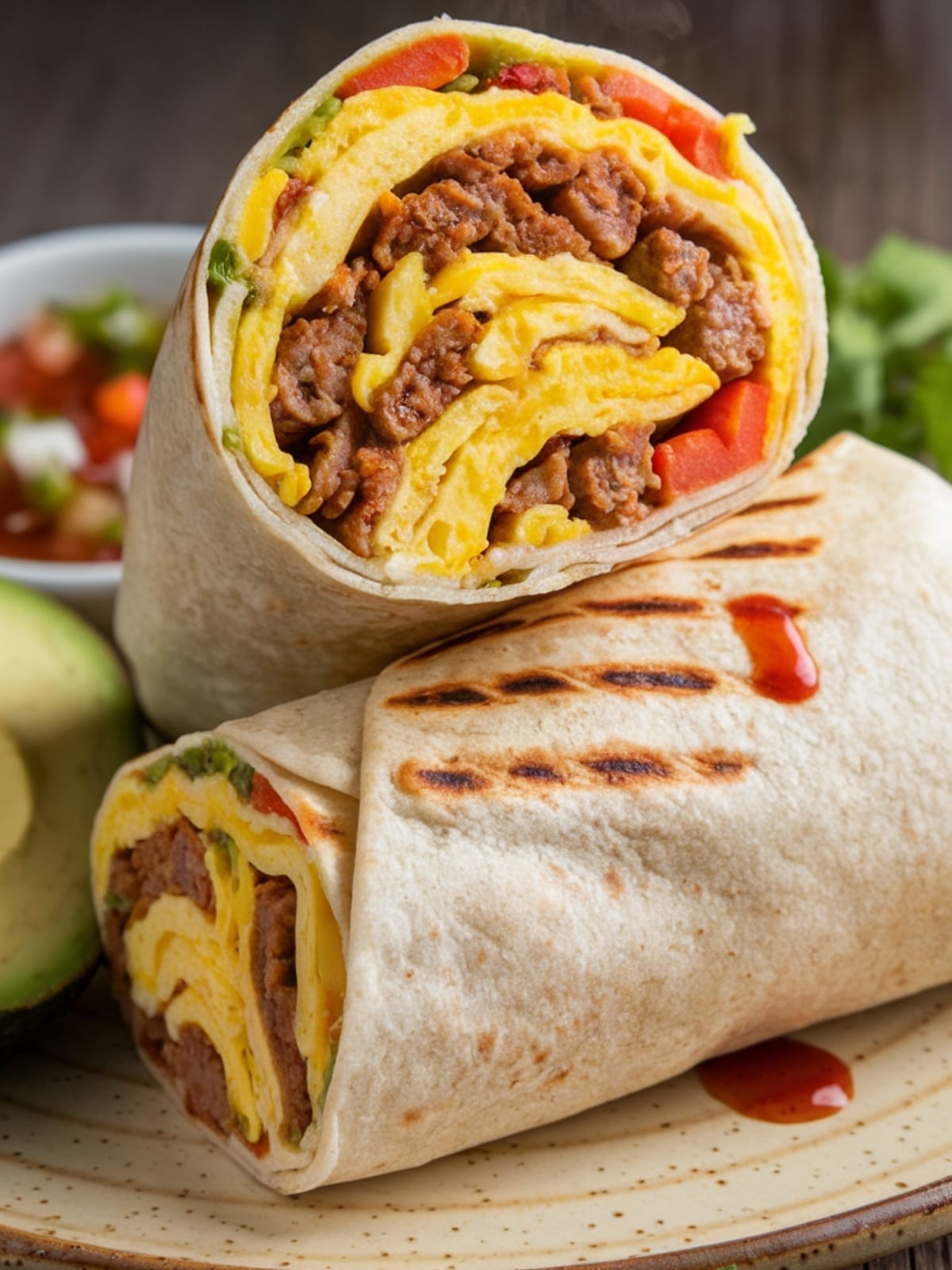 Halved breakfast sausage burrito showing layers of eggs, cheese, vegetables and browned sausage