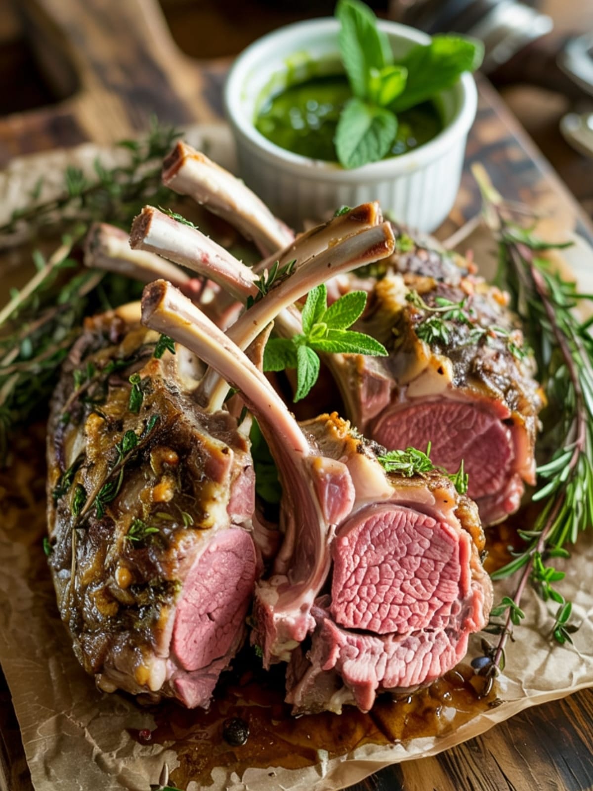 Herb-crusted rack of lamb carved into pink-centered chops with fresh herbs and mint sauce