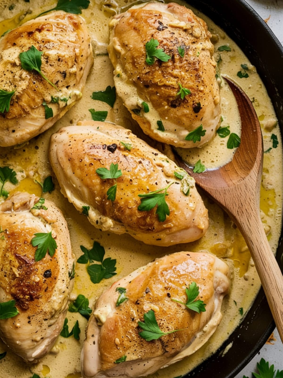 Juicy golden chicken breasts in creamy garlic herb sauce with fresh parsley garnish