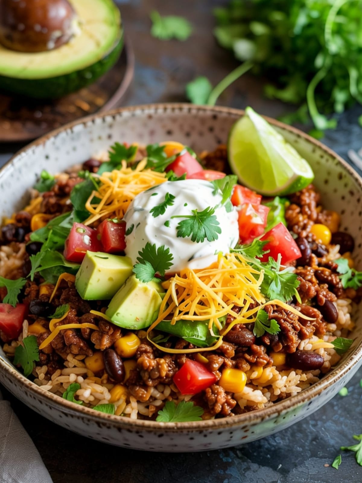 Layered taco rice bowl with seasoned beef, beans, and colorful fresh toppings on bed of lime rice