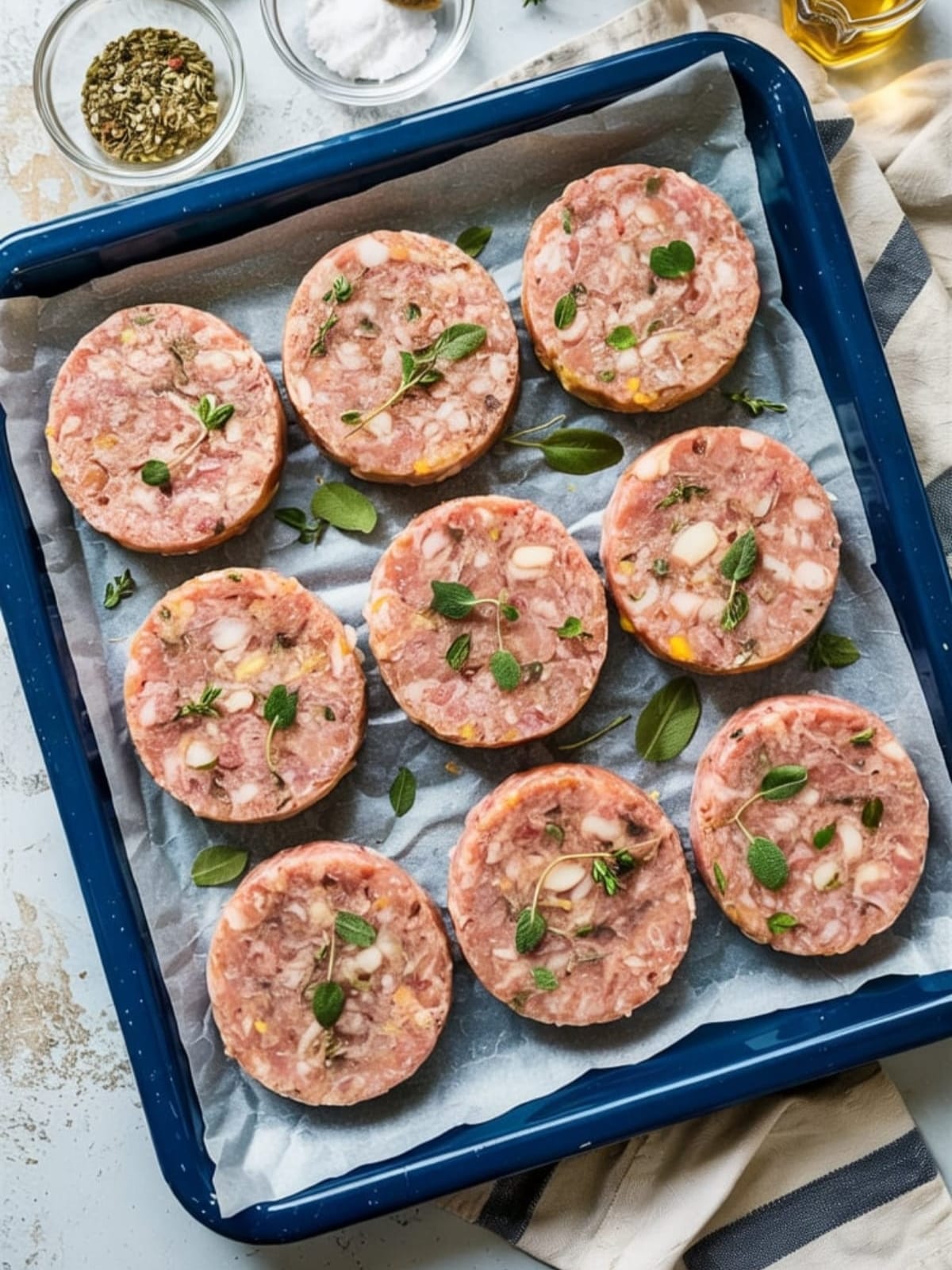 Meal prep of raw turkey sausage patties on baking sheet with herbs and seasonings display