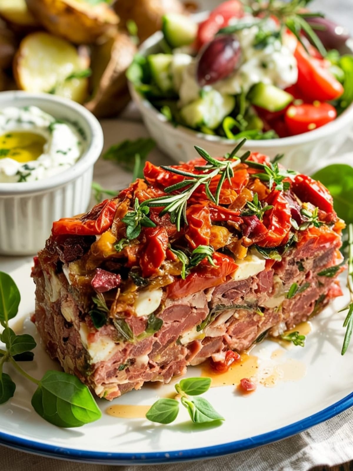 Mediterranean meatloaf slice with visible herbs and feta served with roasted potatoes, tzatziki, and Greek salad