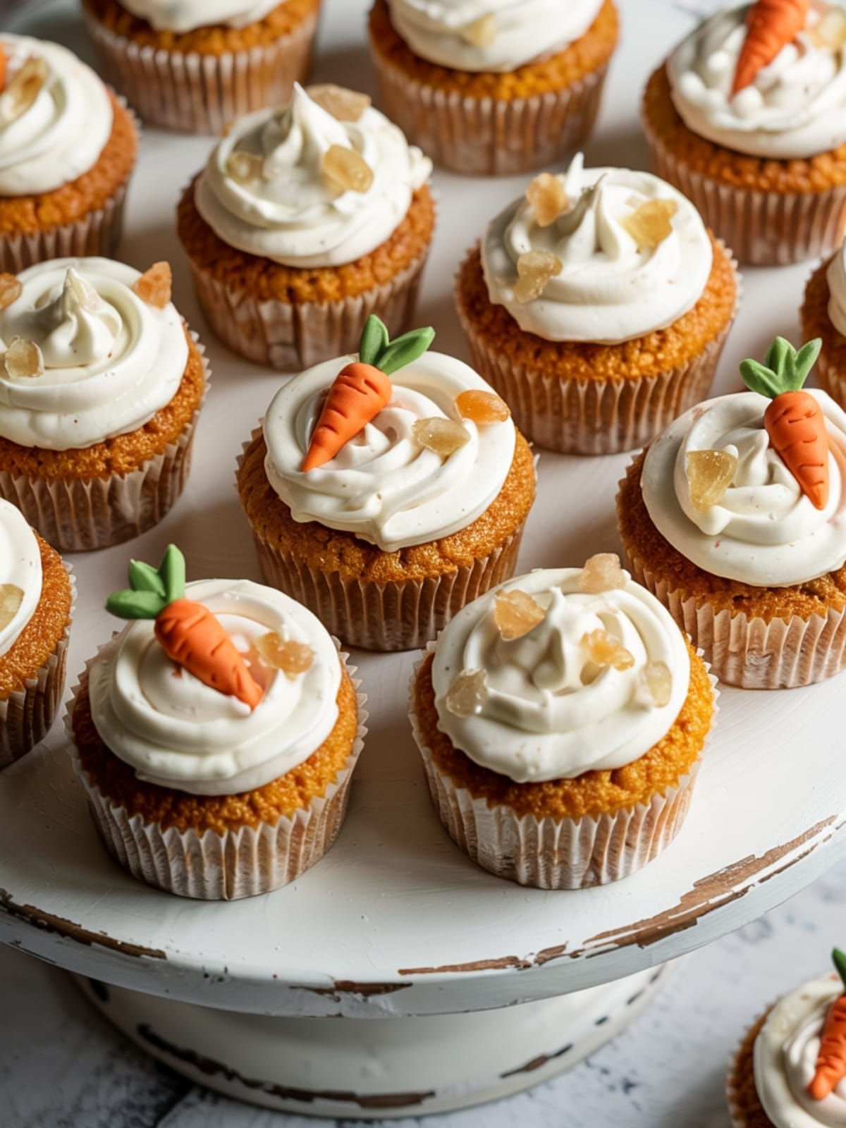Mini carrot cupcakes with cream cheese frosting swirls on white cake stand with various garnishes