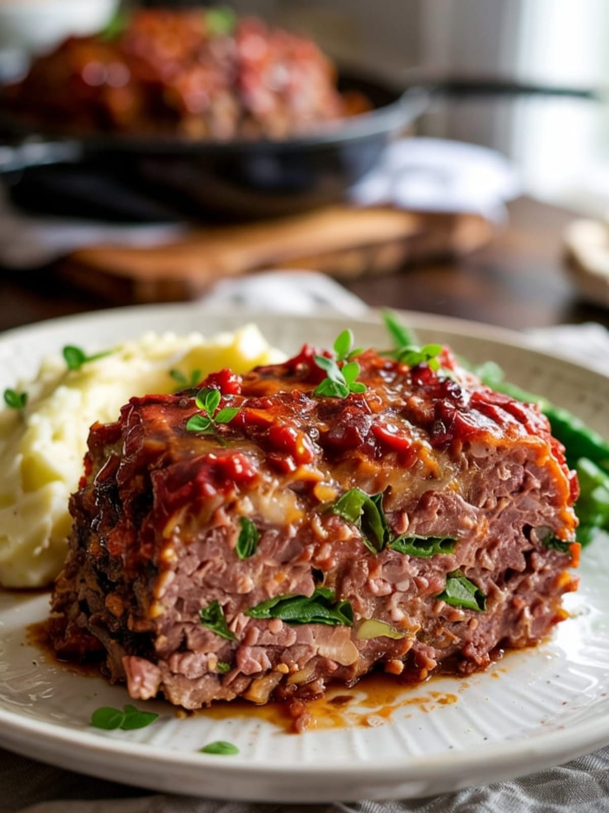 Moist slice of beef meatloaf with glossy topping served with mashed potatoes and green beans