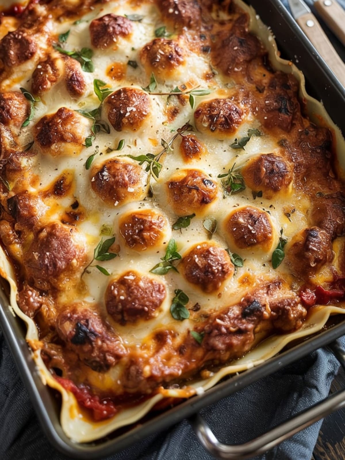Overhead view of golden bubbling Italian sausage lasagna fresh from oven in baking dish