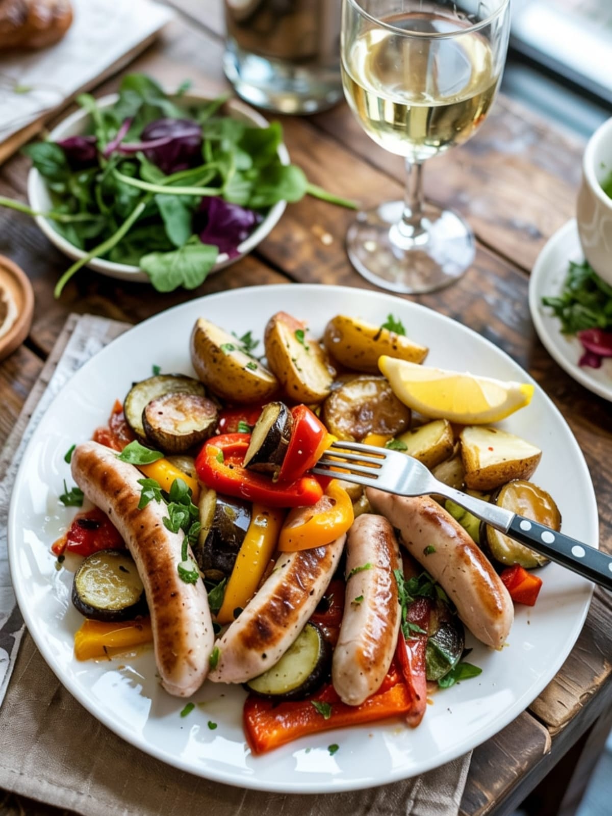 Overhead view of plated chicken sausage sheet pan dinner with lemon squeeze, side salad and glass of wine