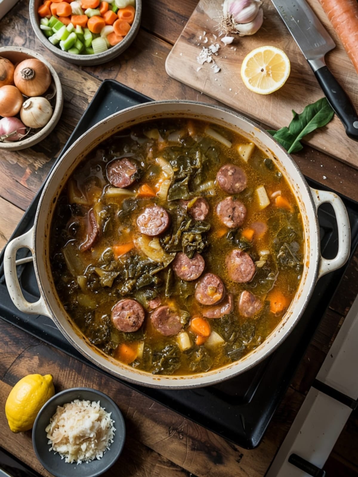 Overhead view of sausage kale soup in Dutch oven with fresh ingredients arranged around pot