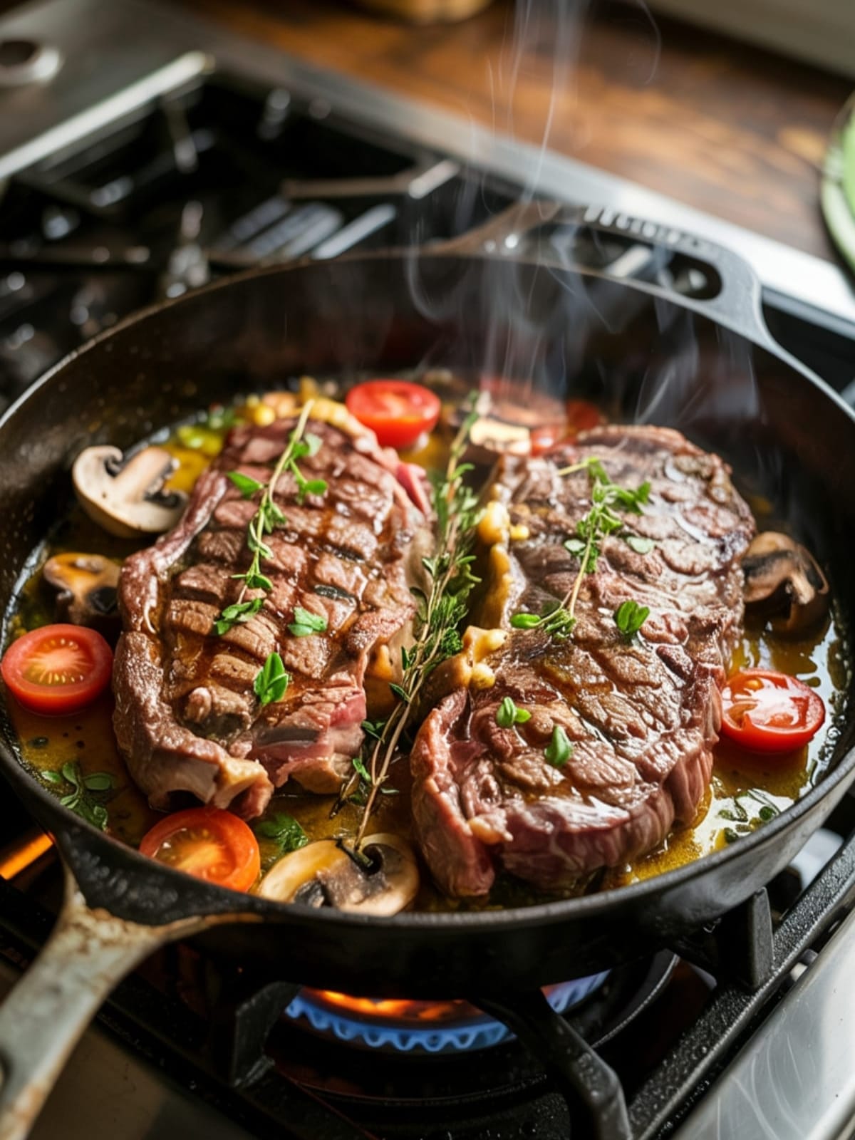 Overhead view of sliced medium-rare steak with garlic butter sauce, tomatoes and mushrooms on white plate