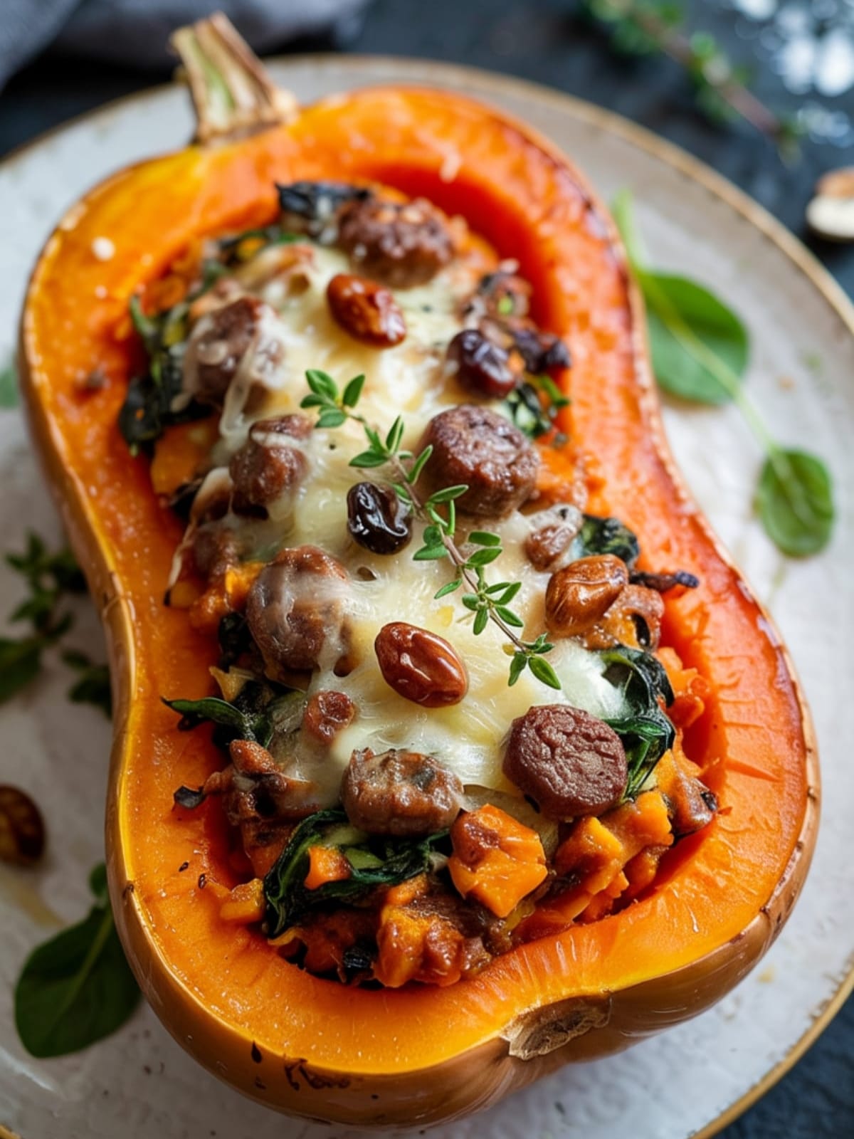 Overhead view of stuffed butternut squash with sausage mushroom filling and melted Parmesan