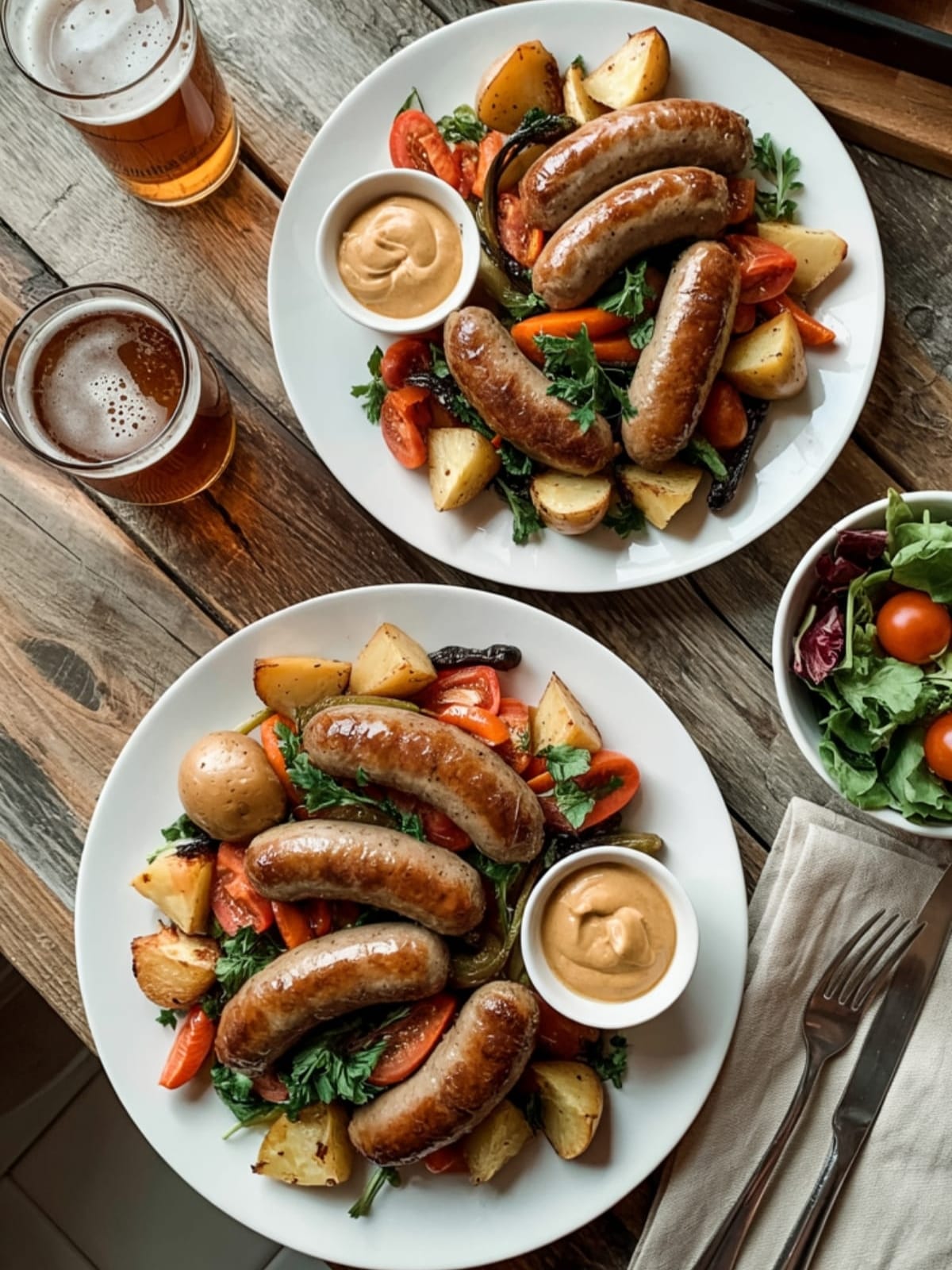 Overhead view of two plated sausage and roasted vegetable dinners with mustard, salad and beer on wooden table
