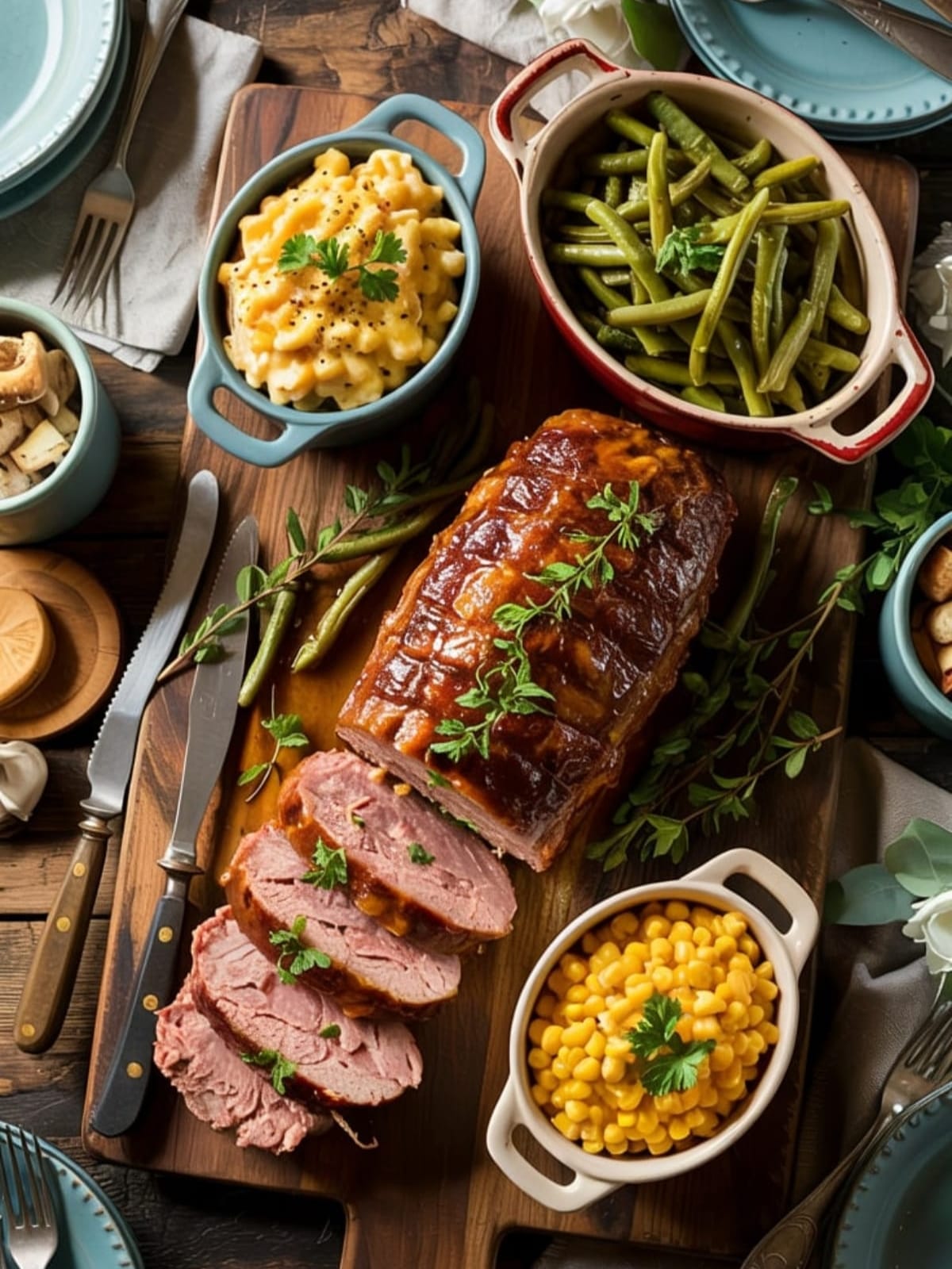 Overhead view of whole BBQ-glazed meatloaf on wooden board surrounded by comfort food sides