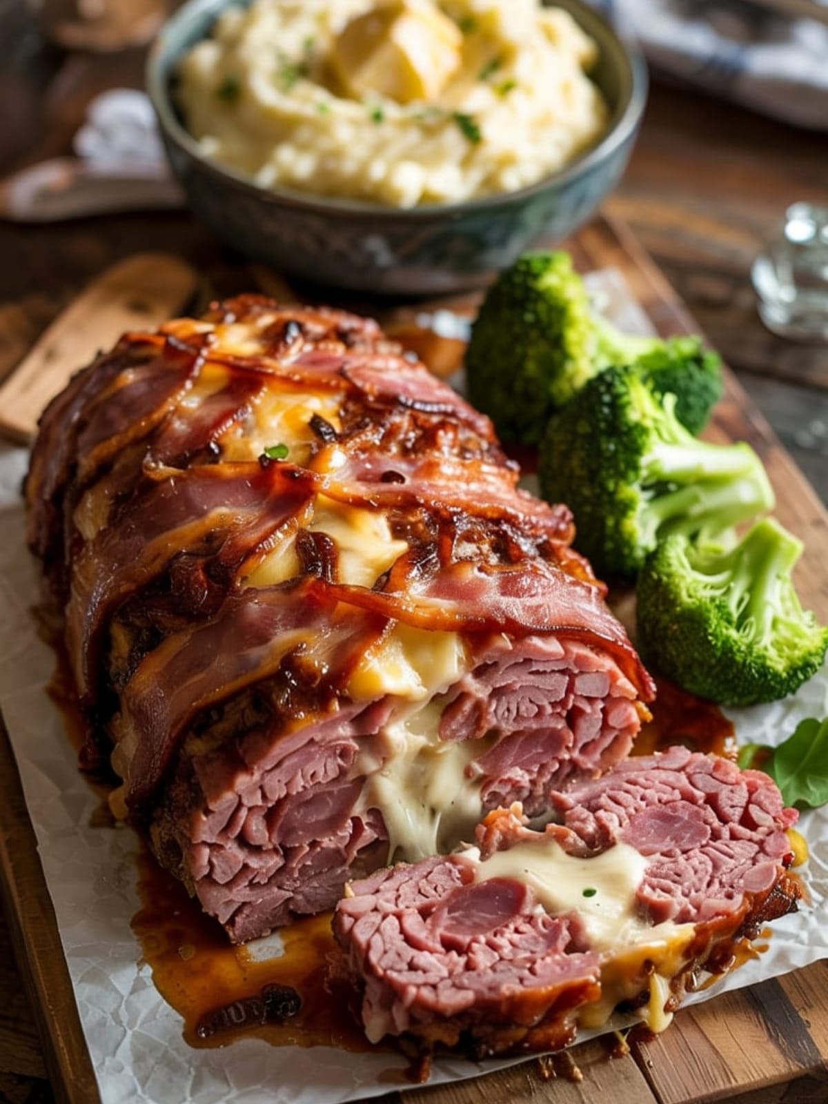 Overhead view of whole bacon-wrapped meatloaf with cheese center visible on wooden board with sides