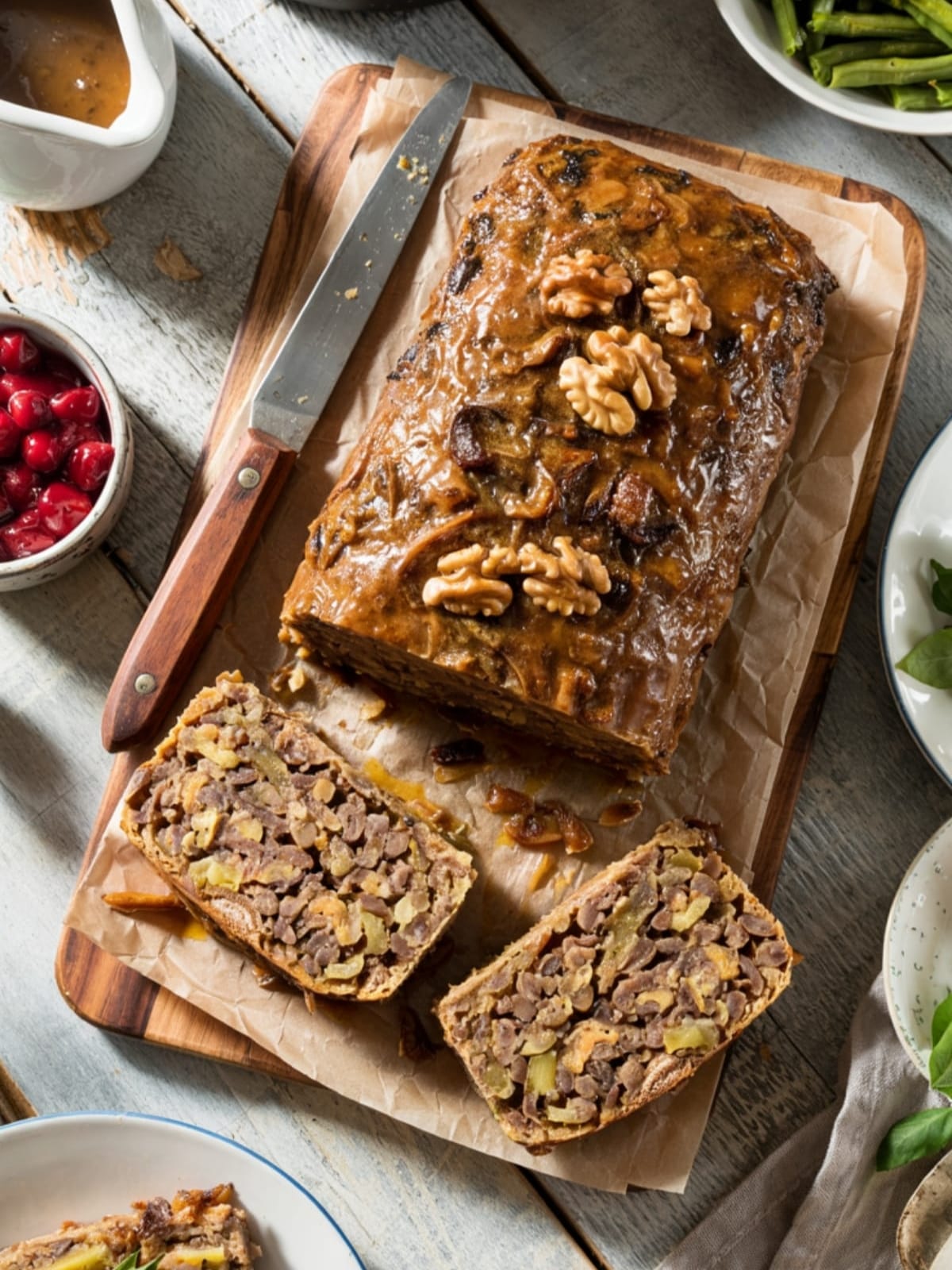 Overhead view of whole lentil mushroom loaf on wooden board surrounded by vegetarian sides