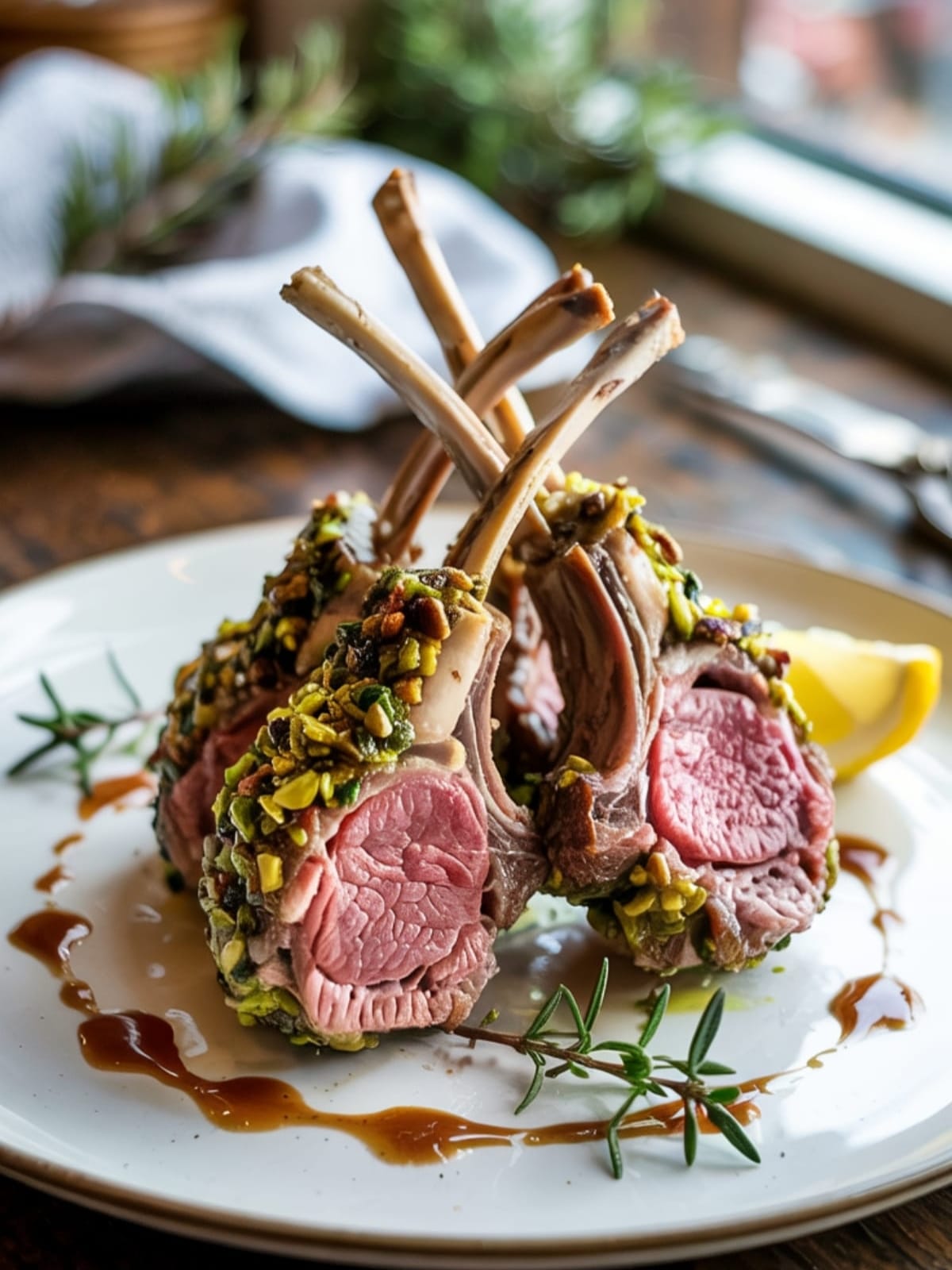 Pistachio-crusted lamb chops showing pink interior and vibrant green crust with herb garnish