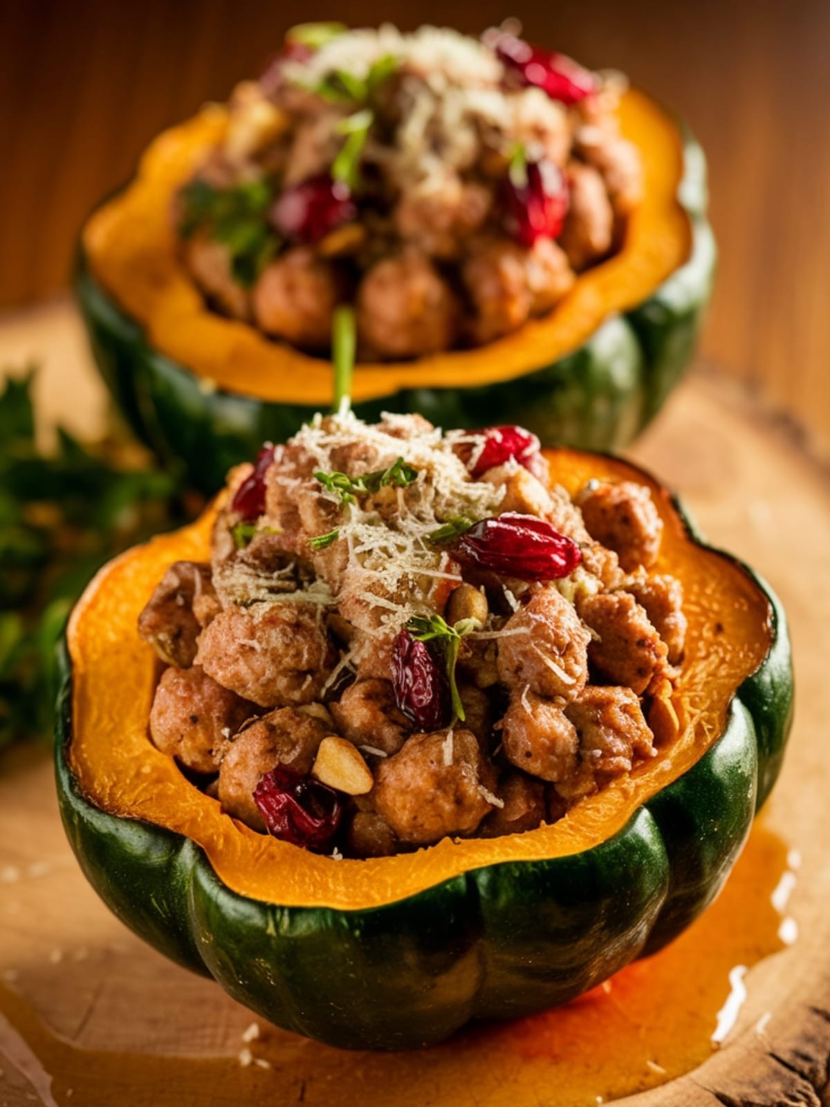 Roasted acorn squash halves filled with golden sausage mixture studded with cranberries and herbs