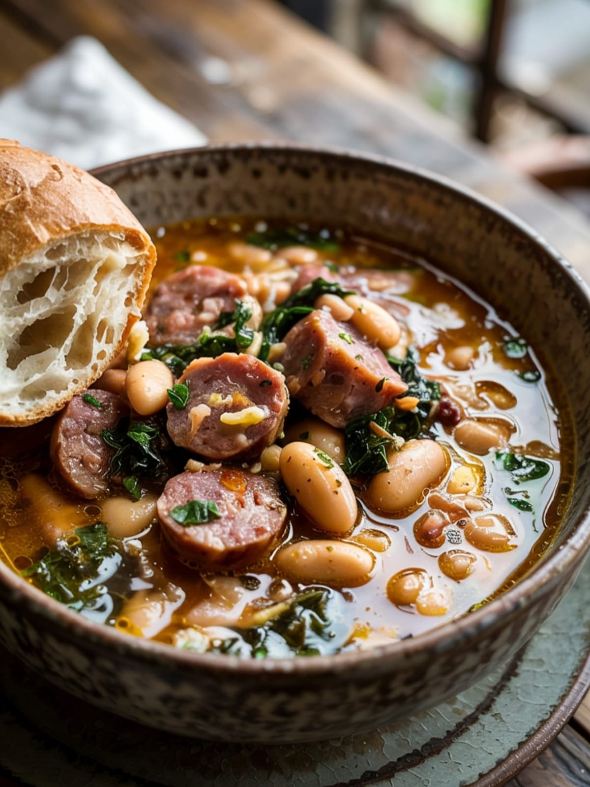 Rustic bowl of sausage white bean soup with crusty bread for dipping