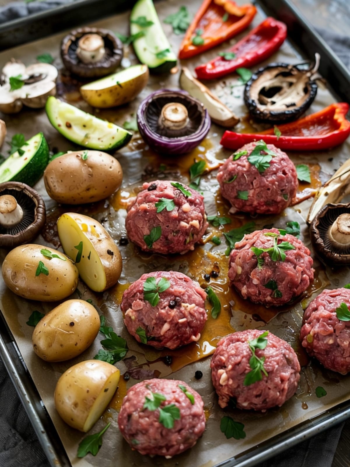 Sheet pan with sections of beef meatball, potatoes and colorful vegetables with herb garnish