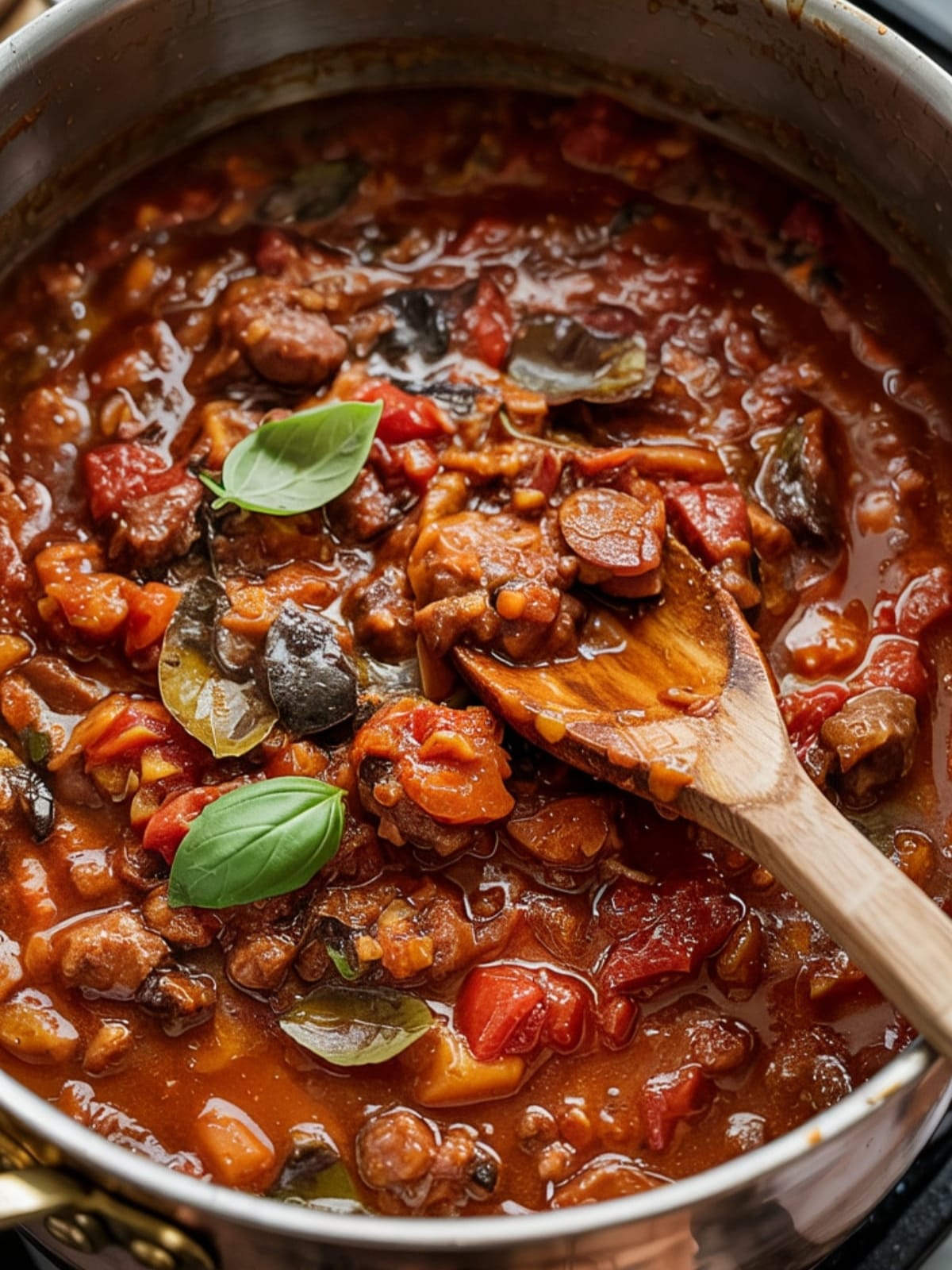Simmering pot of rich red sausage and tomato ragu with caramelized meat and fresh basil