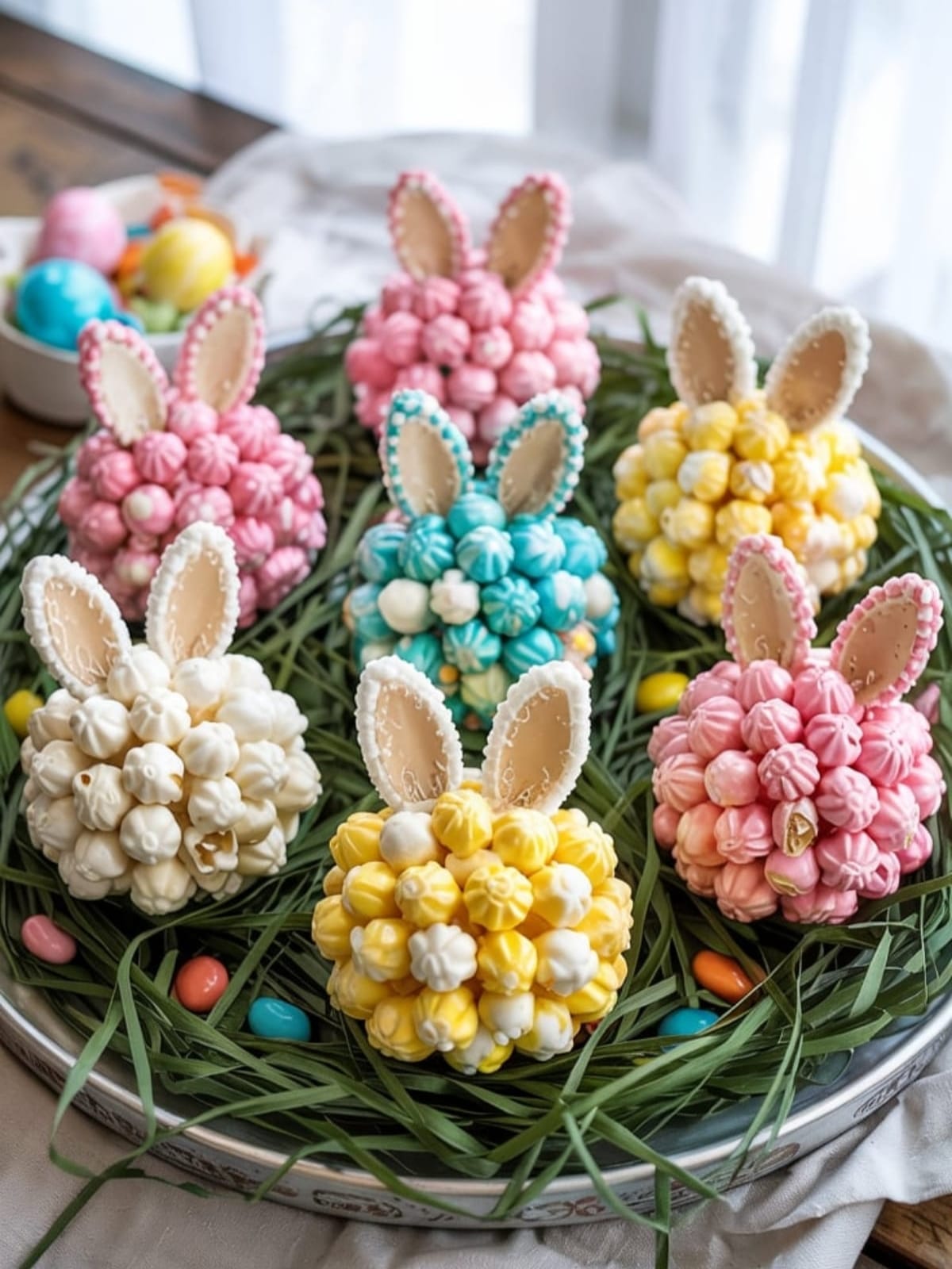 Six decorated Easter bunny popcorn balls with cookie ears and candy faces arranged on white platter with Easter grass