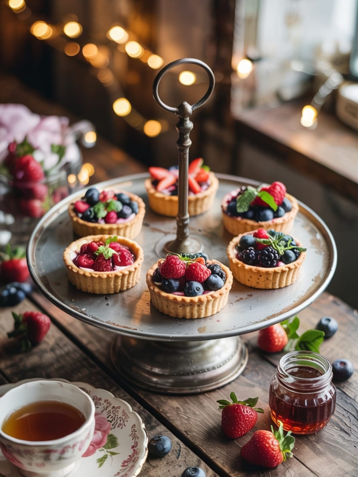 Six vegan berry tartlets arranged on a vintage cake stand for afternoon tea