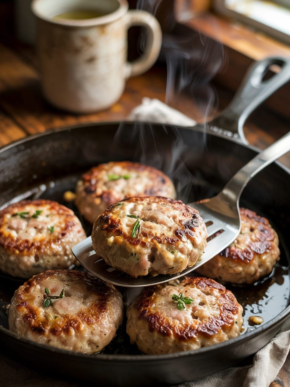 Sizzling homemade breakfast sausage patties in cast iron skillet with herbs and spices