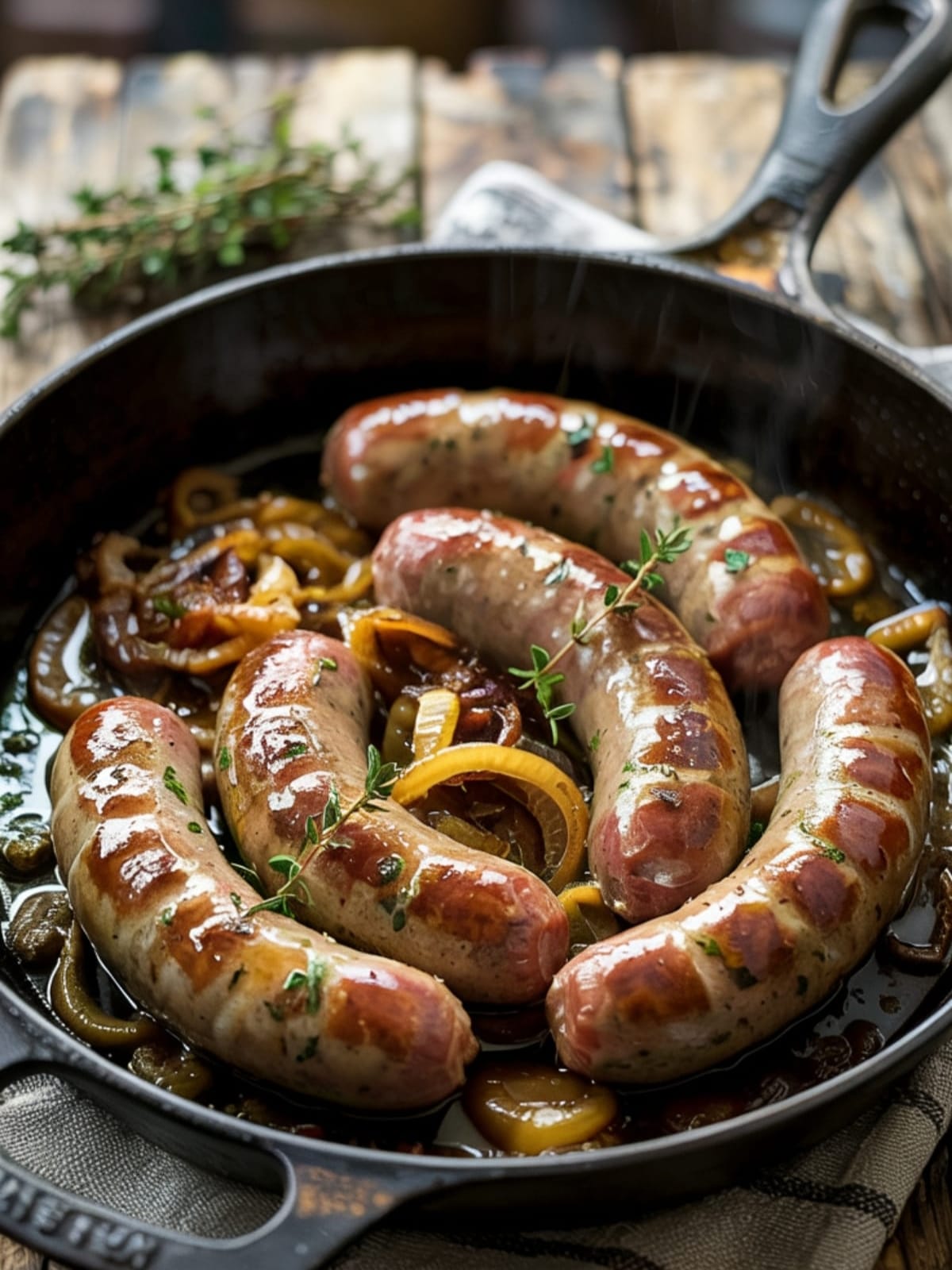 Sizzling skillet of beer braised bratwurst with golden caramelized onions in rich sauce