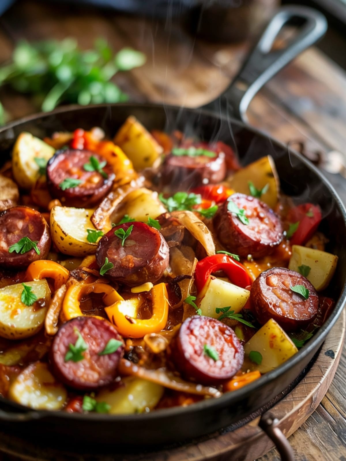 Sizzling skillet with crispy golden potatoes and caramelized smoked sausage rounds