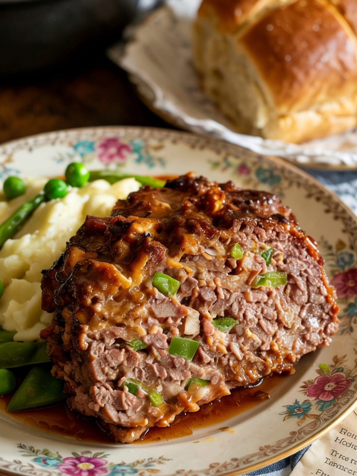 Slice of homestyle meatloaf with caramelized glaze served with mashed potatoes, peas and dinner roll on vintage plate