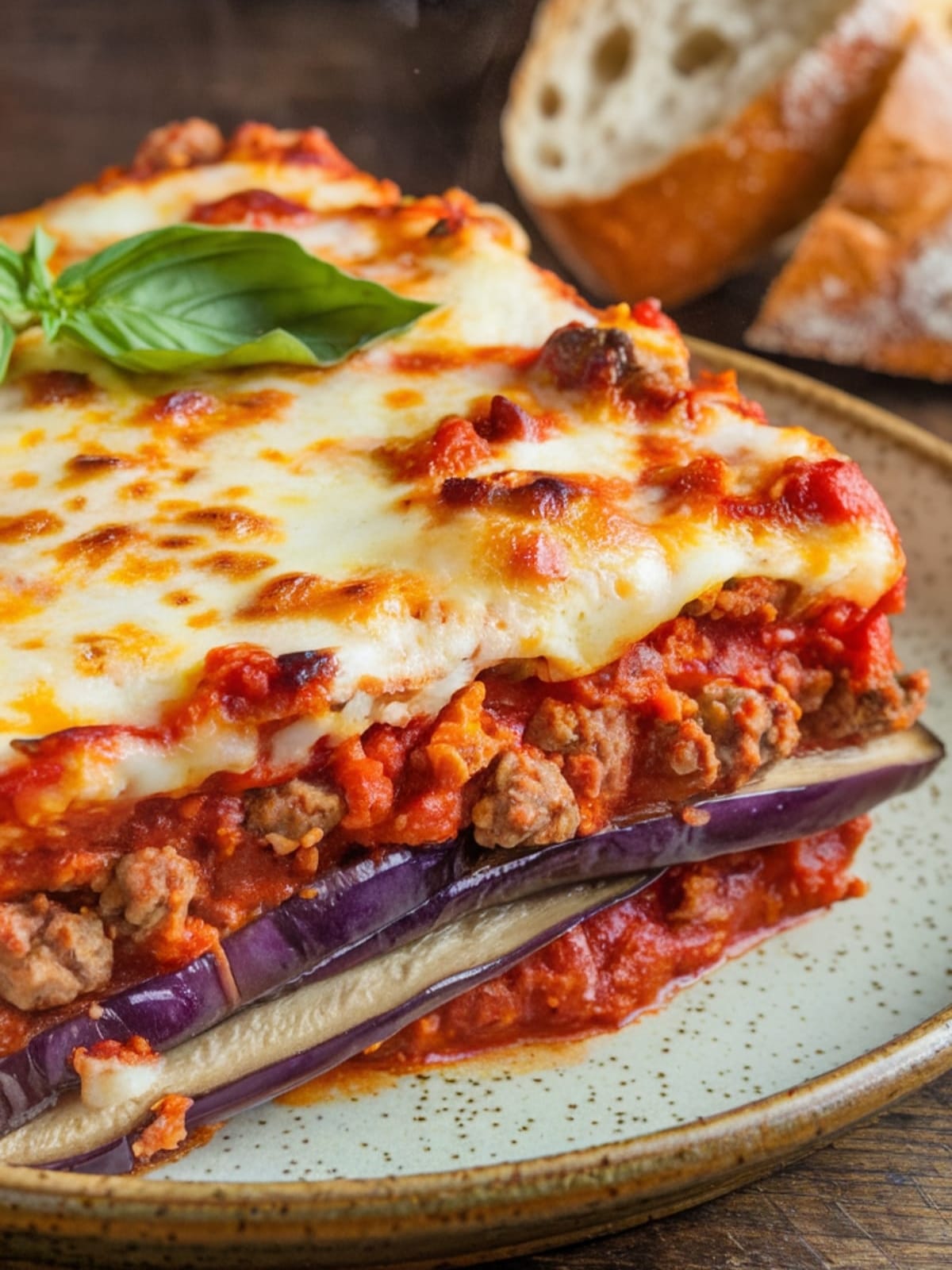 Slice of layered sausage eggplant bake with melted cheese and basil on ceramic plate