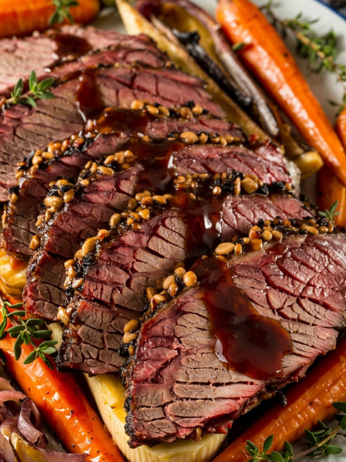 Sliced beef brisket with rich red wine sauce, fresh herbs and tender vegetables on serving platter