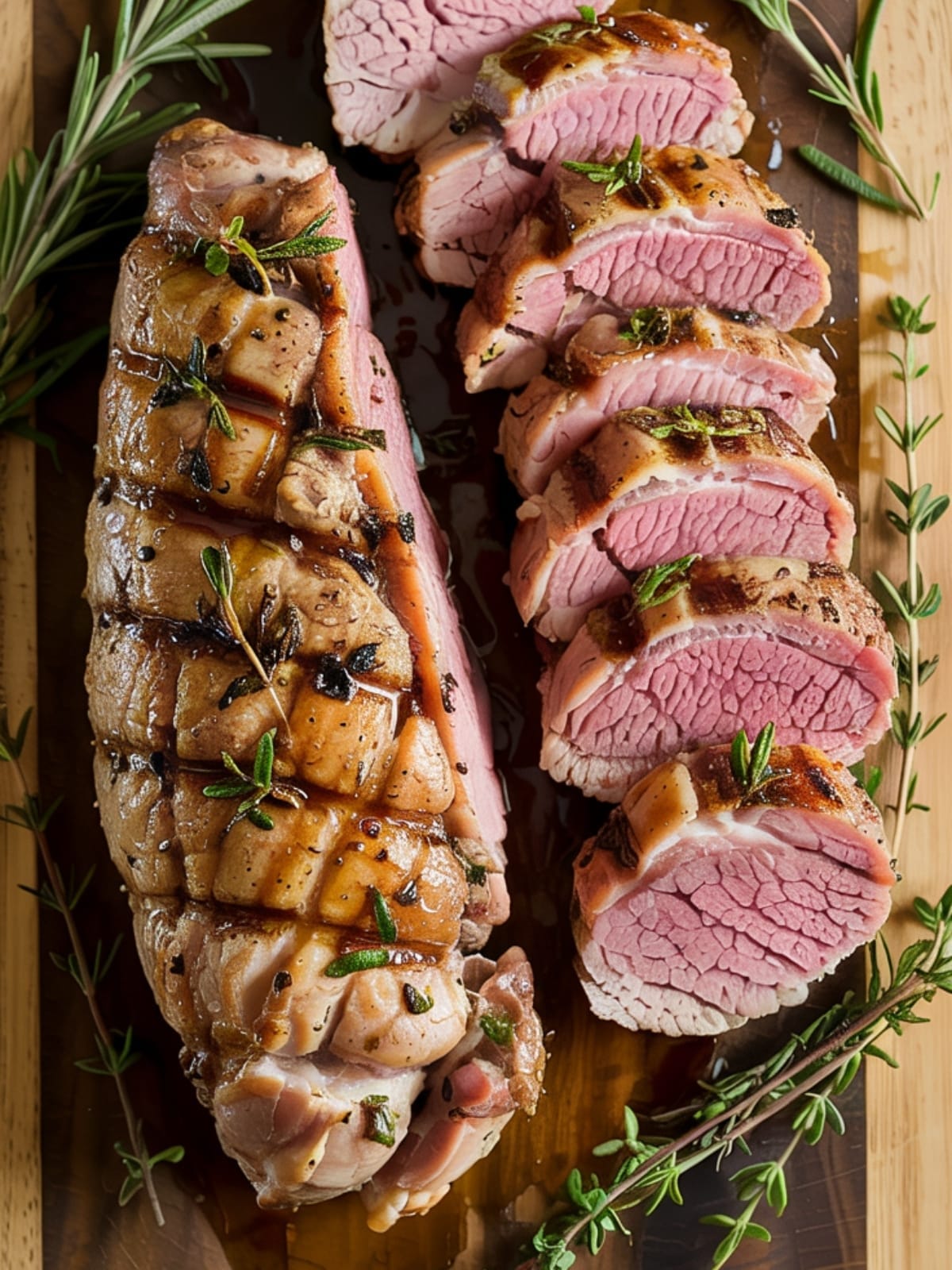 Sliced rosemary herb-crusted pork tenderloin with juicy pink center and golden caramelized exterior