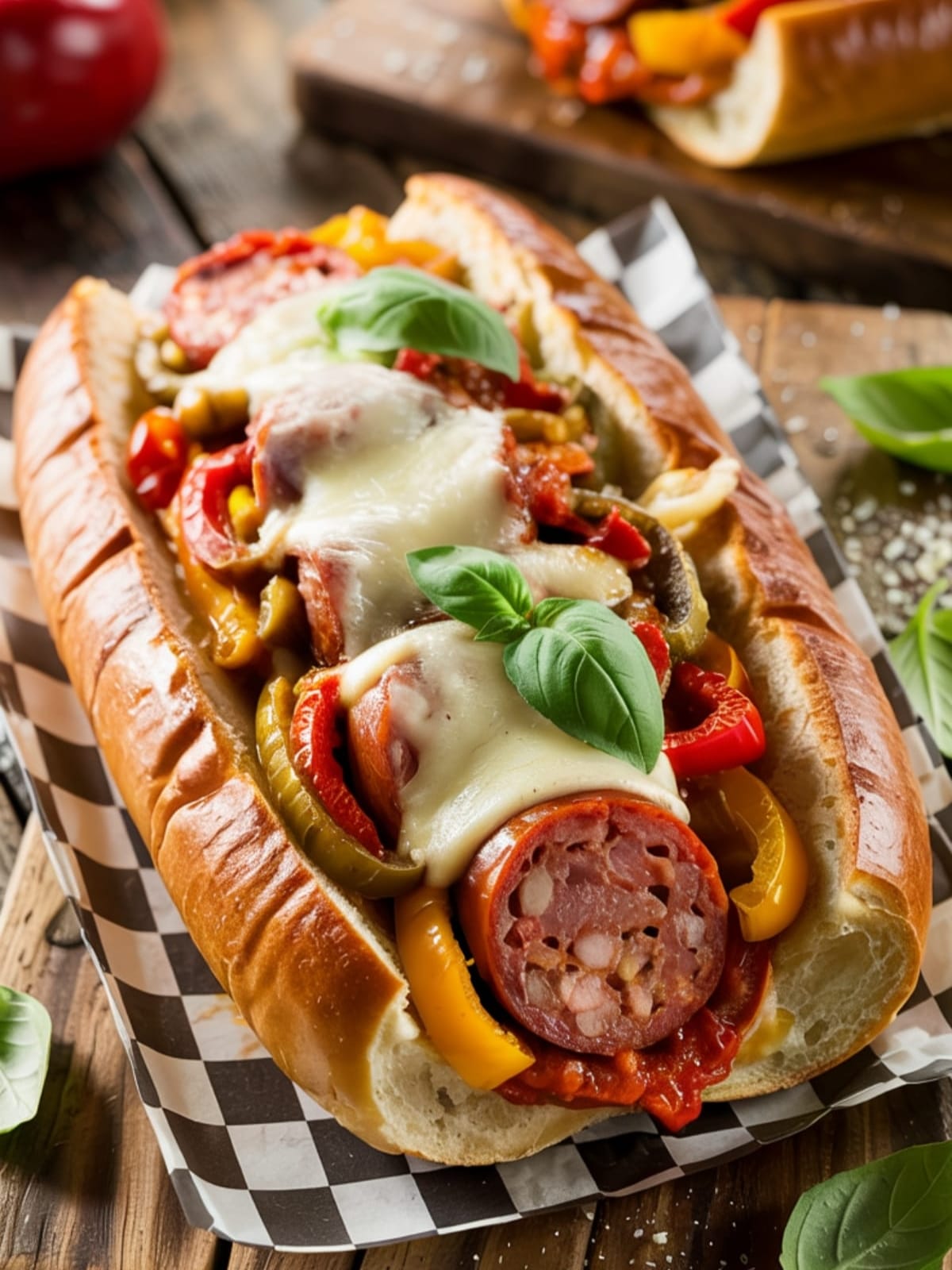 Sliced sausage and peppers hoagie on wooden board showing melted cheese and colorful filling