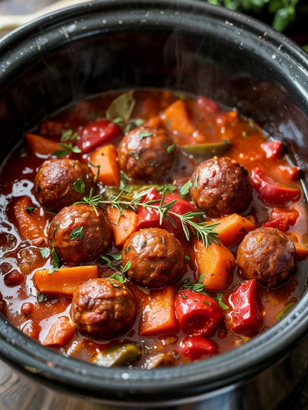 Slow cooker filled with simmering sausage casserole in rich tomato sauce with vegetables