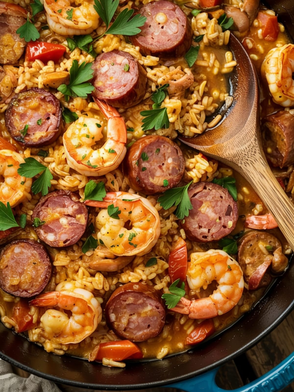 Steaming Dutch oven of spicy sausage jambalaya with andouille and shrimp garnished with herbs
