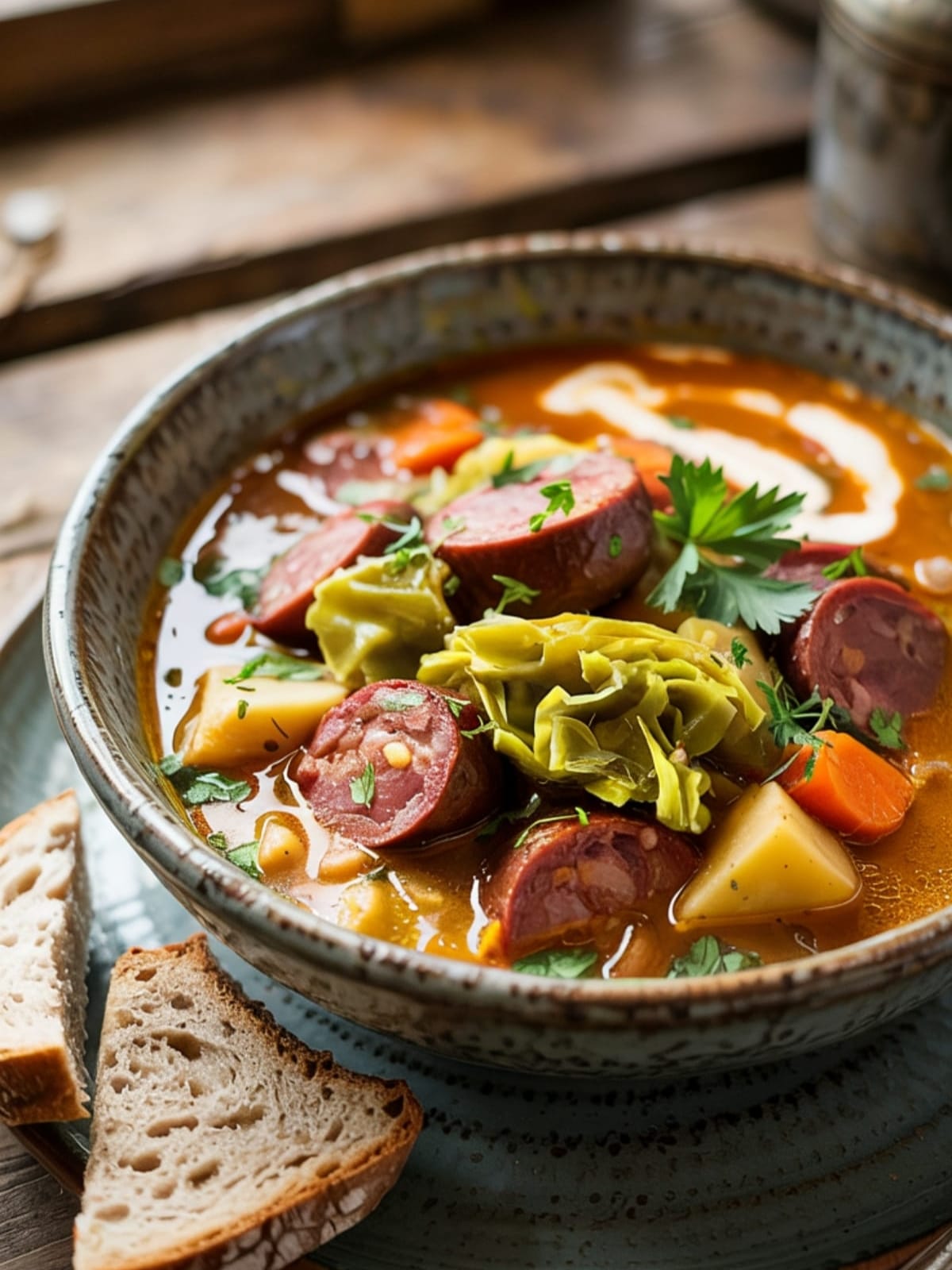 Steaming bowl of Oktoberfest stew with sausage, cabbage and vegetables in amber broth