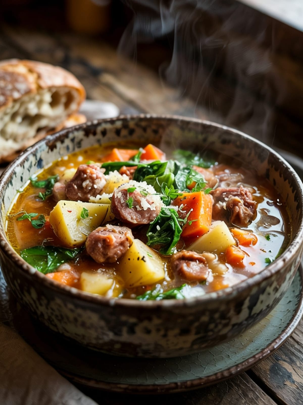 Steaming bowl of hearty sausage and potato soup with vegetables and crusty bread