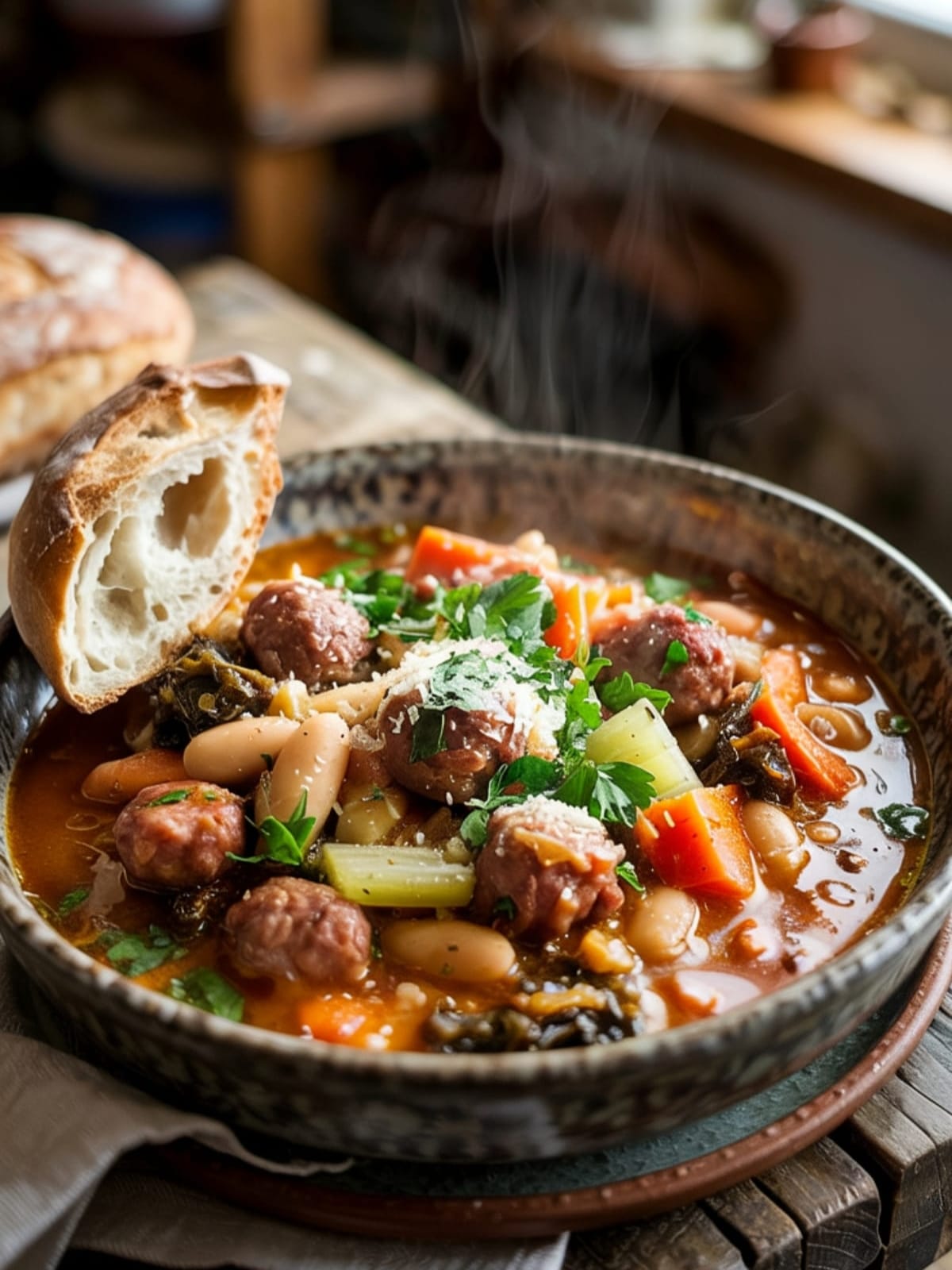 Steaming bowl of hearty sausage and white bean stew with crusty bread for dipping