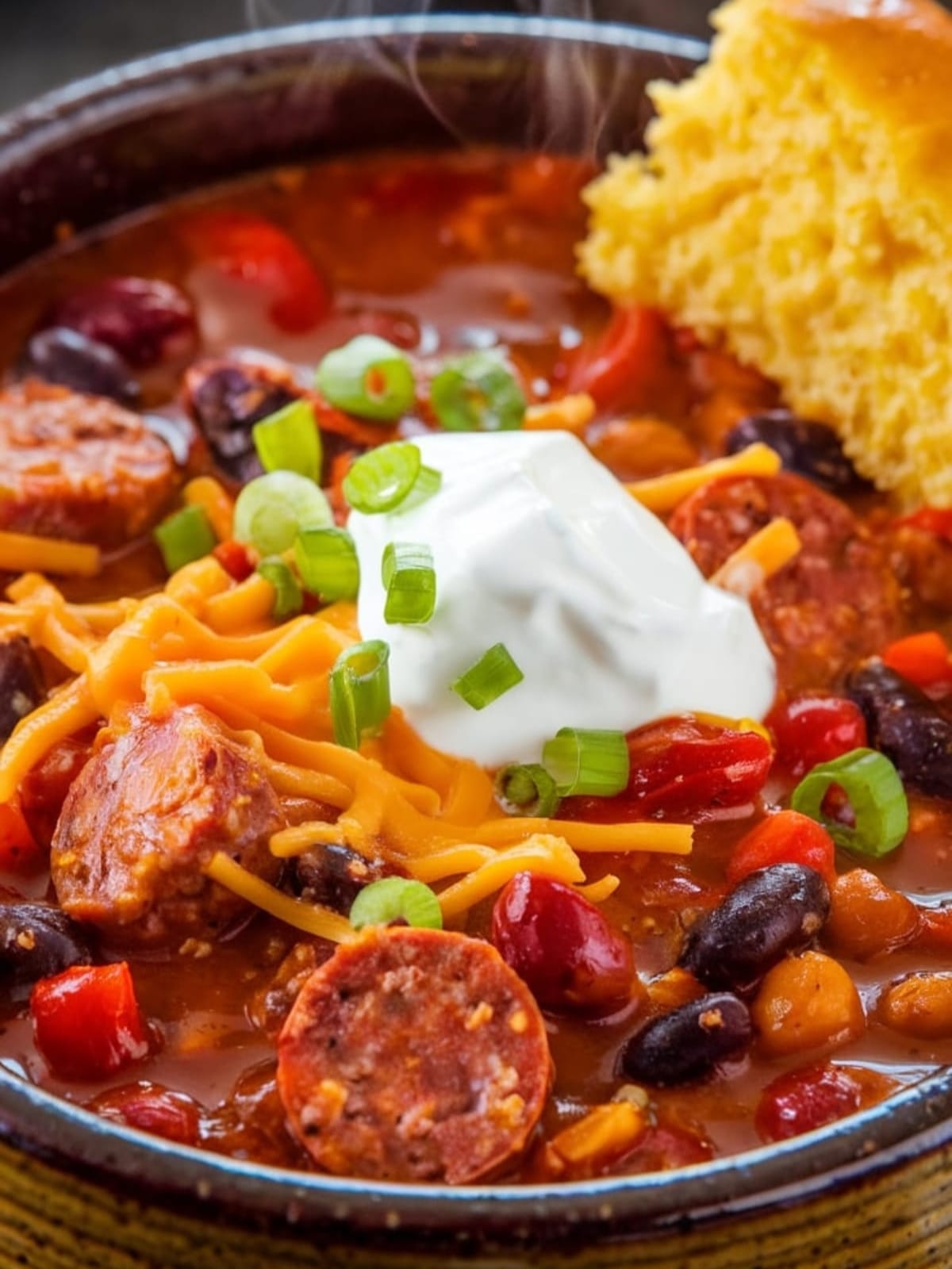Steaming bowl of spicy sausage chili with melted cheese, sour cream and cornbread